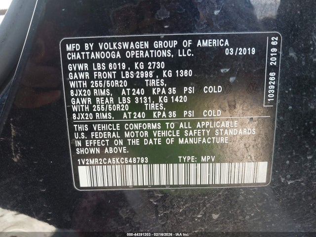 Продаж на аукціоні авто 2019 Volkswagen Atlas 3.6l V6 Sel, vin: 1V2MR2CA5KC548793, номер лоту: 44391203