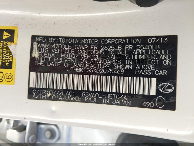 Aukcja sprzedaży 2013 Lexus Es 350, vin: JTHBK1GGXD2075468, numer aukcji: 44391211