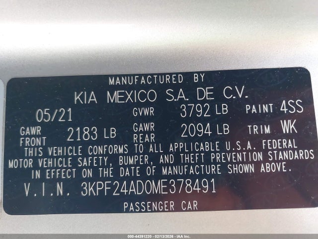 3KPF24AD0ME378491 KIA Forte Lxs