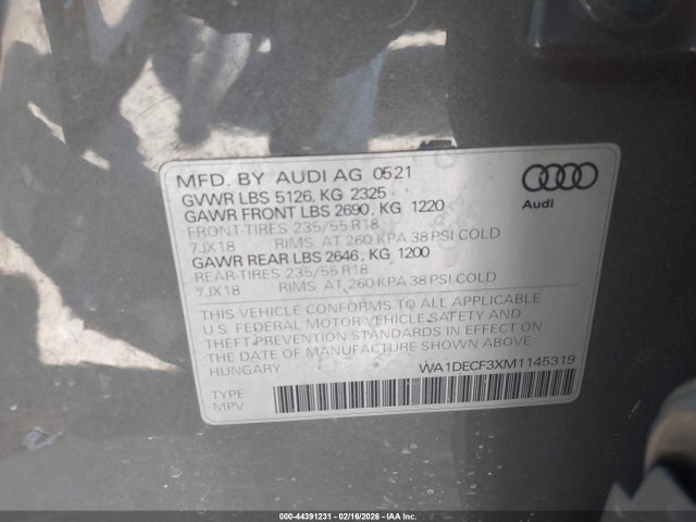 Aukcja sprzedaży 2021 Audi Q3 Premium 45 Tfsi S Line Quattro Tiptronic, vin: WA1DECF3XM1145319, numer aukcji: 44391231