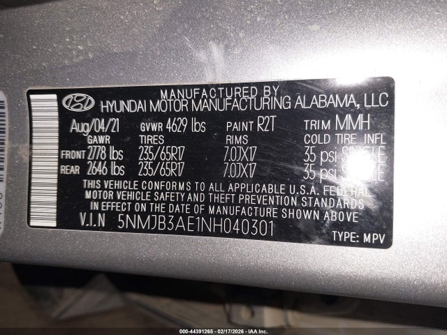2022 Hyundai Tucson Sel მანქანა იყიდება აუქციონზე, vin: 5NMJB3AE1NH040301, აუქციონის ნომერი: 44391265