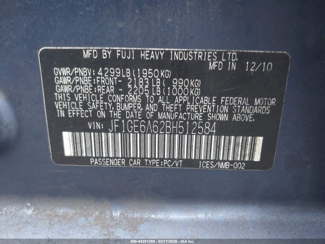44391289 :رقم المزاد ، JF1GE6A62BH512584 vin ، 2011 Subaru Impreza 2.5i مزاد بيع