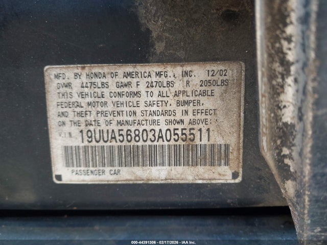 44391306 :رقم المزاد ، 19UUA56803A055511 vin ، 2003 Acura Tl 3.2 Type S مزاد بيع