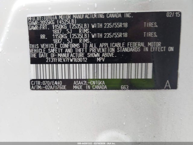 2T3YFREV7FW169012 Toyota Rav4 Limited