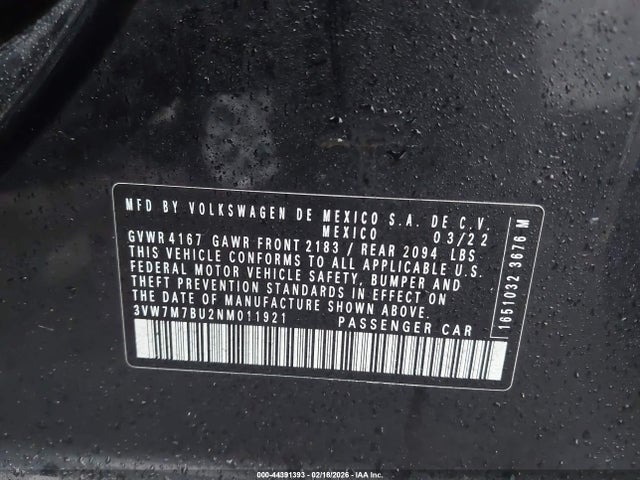 44391393 :رقم المزاد ، 3VW7M7BU2NM011921 vin ، 2022 Volkswagen Jetta 1.5t Se مزاد بيع