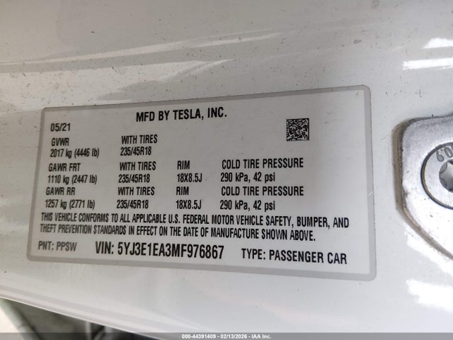 Aukcja sprzedaży 2021 Tesla Model 3 Standard Range Plus Rear-wheel Drive, vin: 5YJ3E1EA3MF976867, numer aukcji: 44391409