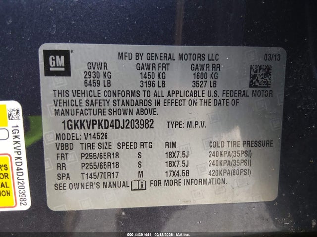 44391441 :رقم المزاد ، 1GKKVPKD4DJ203982 vin ، 2013 Gmc Acadia Sle-2 مزاد بيع