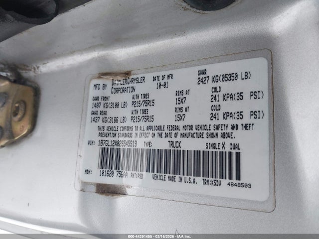 44391455 :رقم المزاد ، 1B7GL12X02S545919 vin ، 2002 Dodge Dakota مزاد بيع