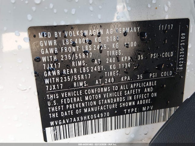 2017 Volkswagen Tiguan 2.0t/2.0t S მანქანა იყიდება აუქციონზე, vin: WVGAV7AX9HK054970, აუქციონის ნომერი: 44391463