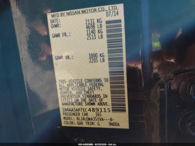44391495 :رقم المزاد ، 1N4AA5AP7EC489115 vin ، 2014 Nissan Maxima 3.5 S/3.5 Sv مزاد بيع