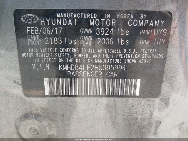 KMHD84LF2HU395994 Hyundai Elantra Value Edition