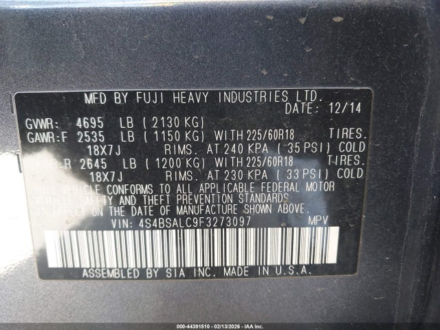 4S4BSALC9F3273097 Subaru Outback 2.5i Limited
