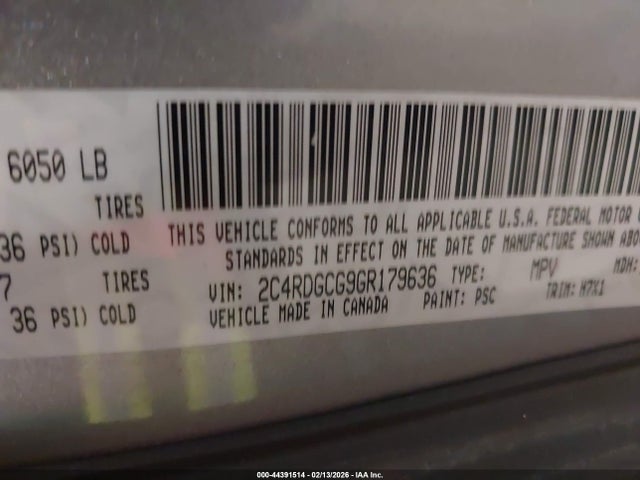 44391514 :رقم المزاد ، 2C4RDGCG9GR179636 vin ، 2016 Dodge Grand Caravan Sxt مزاد بيع