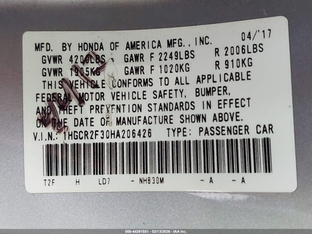1HGCR2F30HA206426 Honda ACCORD LX