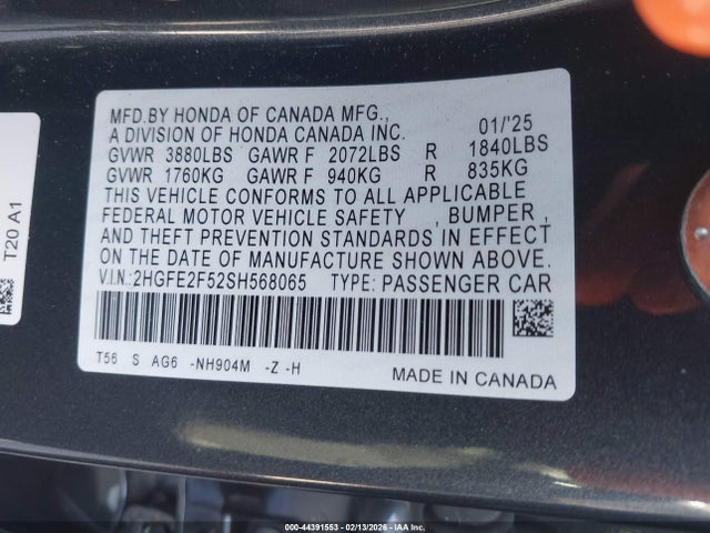 Продажа на аукционе авто 2025 Honda Civic Sport, vin: 2HGFE2F52SH568065, номер лота: 44391553