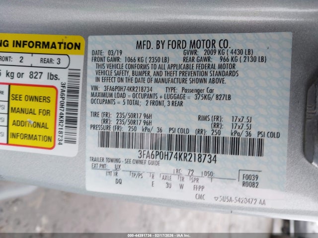 Ford FUSION SE 2019 3FA6P0H74KR218734 Image 9