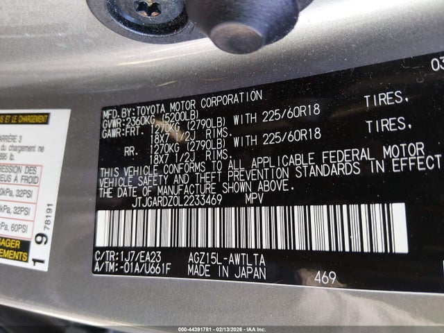 Aukcja sprzedaży 2020 Lexus Nx 300, vin: JTJGARDZ0L2233469, numer aukcji: 44391781