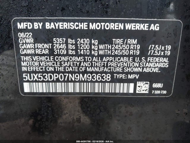 Продажа на аукционе авто 2022 Bmw X3 Xdrive30i, vin: 5UX53DP07N9M93638, номер лота: 44391786