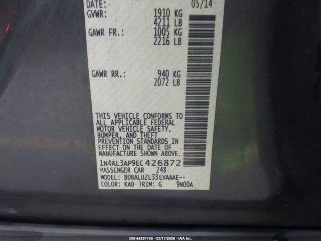 1N4AL3AP9EC426872 Nissan Altima 2.5 Sv