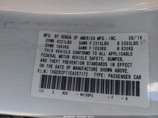 Продажа на аукционе авто 2014 Honda Accord Ex, vin: 1HGCR2F71EA297172, номер лота: 44391821