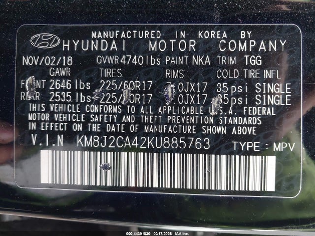 Aukcja sprzedaży 2019 Hyundai Tucson Se, vin: KM8J2CA42KU885763, numer aukcji: 44391830