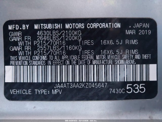 Mitsubishi Eclipse Cross Es 2019 JA4AT3AA2KZ045647 Image 9