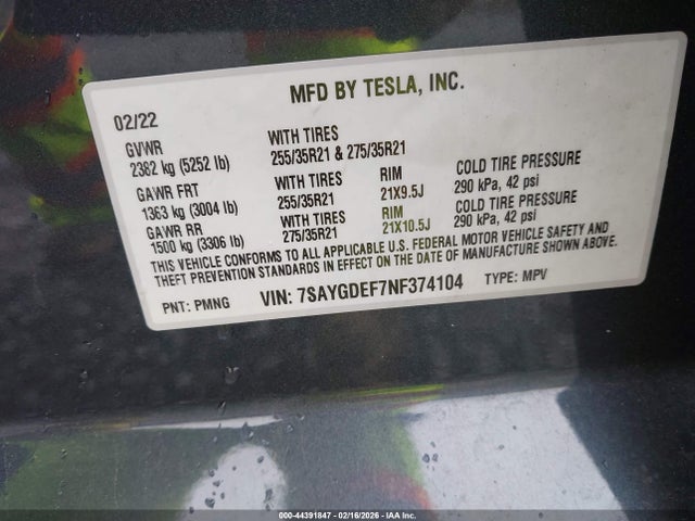 2022 Tesla Model Y Performance Dual Motor All-wheel Drive მანქანა იყიდება აუქციონზე, vin: 7SAYGDEF7NF374104, აუქციონის ნომერი: 44391847