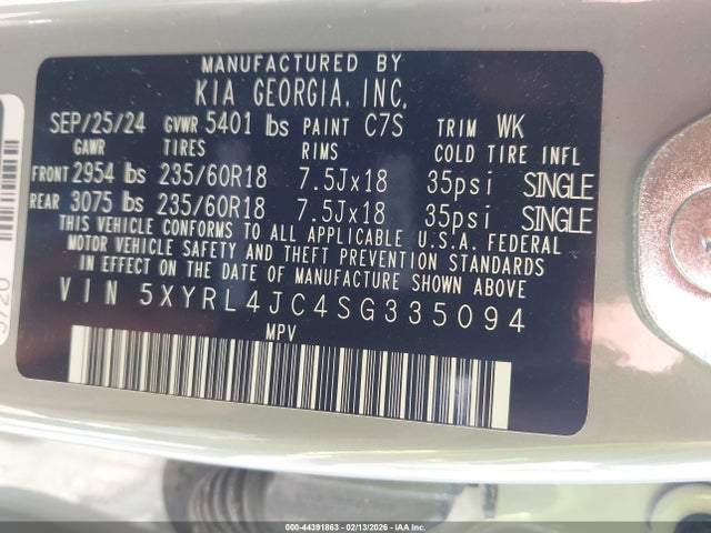 44391863 :رقم المزاد ، 5XYRL4JC4SG335094 vin ، 2025 Kia Sorento S مزاد بيع