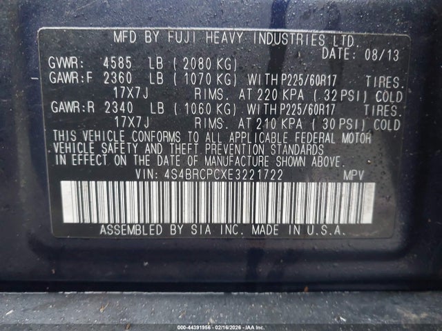 44391956 :رقم المزاد ، 4S4BRCPCXE3221722 vin ، 2014 Subaru Outback 2.5i Limited مزاد بيع