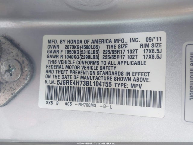 Продажа на аукционе авто 2011 Honda Cr-v Ex-l, vin: 5J6RE4H73BL104155, номер лота: 44391962