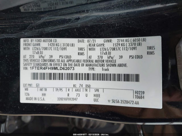 2021 Ford Ranger Lariat მანქანა იყიდება აუქციონზე, vin: 1FTER4FH9MLD62073, აუქციონის ნომერი: 44391977