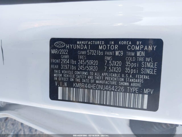 Продажа на аукционе авто 2022 Hyundai Palisade Sel, vin: KM8R44HE0NU464226, номер лота: 44391994