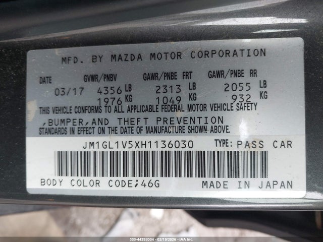 44392004 :رقم المزاد ، JM1GL1V5XH1136030 vin ، 2017 Mazda Mazda6 Touring مزاد بيع