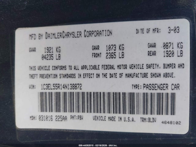 Продаж на аукціоні авто 2004 Chrysler Sebring Lxi, vin: 1C3EL55R14N138872, номер лоту: 44392015