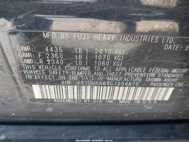 44392069 :رقم المزاد ، 4S3BMAA69C1004875 vin ، 2012 Subaru Legacy 2.5i مزاد بيع
