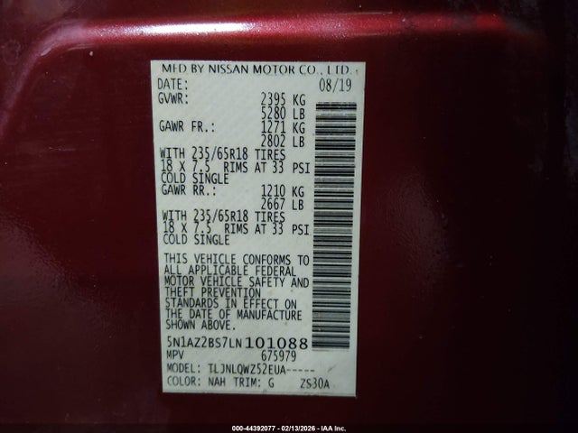 5N1AZ2BS7LN101088 Nissan Murano Sv Intelligent Awd