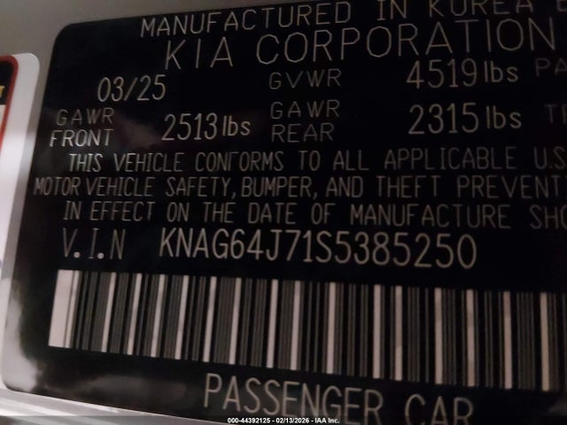 44392125 :رقم المزاد ، KNAG64J71S5385250 vin ، 2025 Kia K5 Gt-line مزاد بيع
