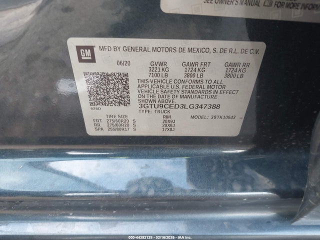 Aukcja sprzedaży 2020 Gmc Sierra 1500 4wd  Short Box Elevation, vin: 3GTU9CED3LG347388, numer aukcji: 44392128