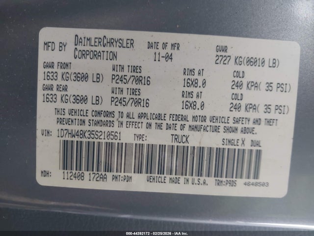 Aukcja sprzedaży 2005 Dodge Dakota Slt, vin: 1D7HW48K35S210561, numer aukcji: 44392172