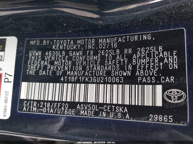 2016 Toyota Camry Se მანქანა იყიდება აუქციონზე, vin: 4T1BF1FK3GU210063, აუქციონის ნომერი: 44392203
