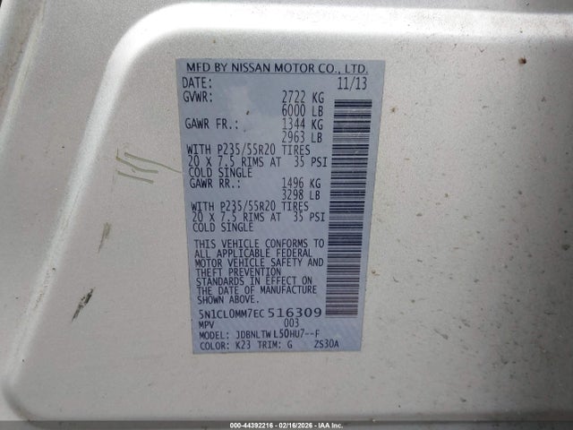 2014 Infiniti Qx60 Hybrid მანქანა იყიდება აუქციონზე, vin: 5N1CL0MM7EC516309, აუქციონის ნომერი: 44392216