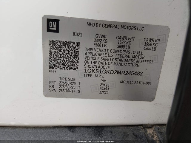 Aukcja sprzedaży 2021 Gmc Yukon Xl 2wd Slt, vin: 1GKS1GKD2MR245483, numer aukcji: 44392243
