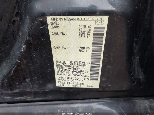 44392281 :رقم المزاد ، 1N4AL3AP8FC275105 vin ، 2015 Nissan Altima 2.5/2.5 S/2.5 Sl/2.5 Sv مزاد بيع