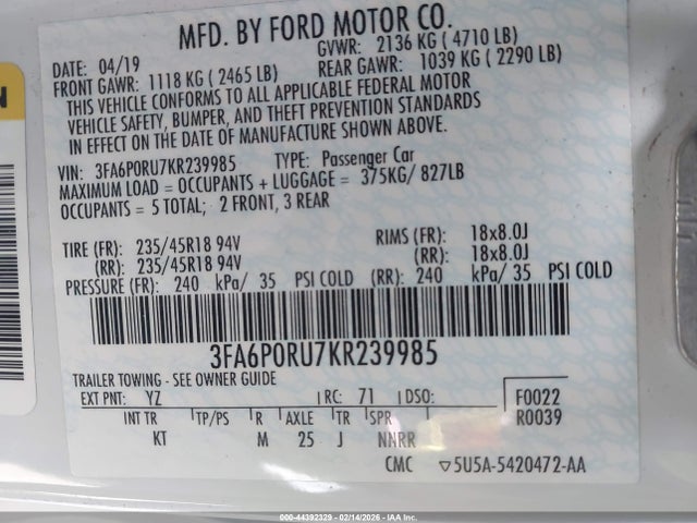 Ford Fusion Hybrid Titanium 2019 3FA6P0RU7KR239985 Image 9