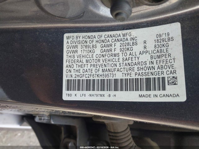 Продажа на аукционе авто 2019 Honda Civic Lx, vin: 2HGFC2F67KH595731, номер лота: 44392347