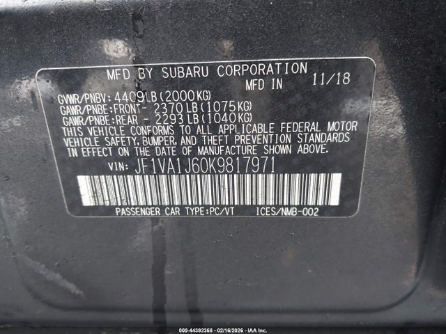 2019 SUBARU WRX JF1VA1J60K9817971 Photo 8