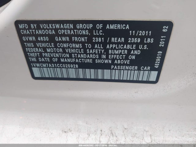 Auction sale of the 2012 Volkswagen Passat 3.6l V6 Sel Premium, vin: 1VWCM7A31CC025928, lot number: 44392382