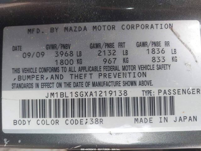 Aukcja sprzedaży 2010 Mazda Mazda3 I Touring, vin: JM1BL1SGXA1219138, numer aukcji: 44392410