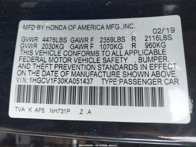 1HGCV1F30KA051437 Honda Accord Sport
