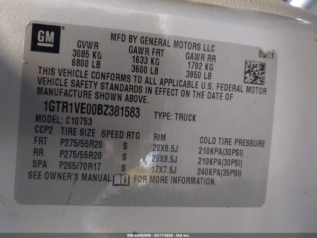 44392505 :رقم المزاد ، 1GTR1VE00BZ381583 vin ، 2011 Gmc Sierra 1500 Sle مزاد بيع